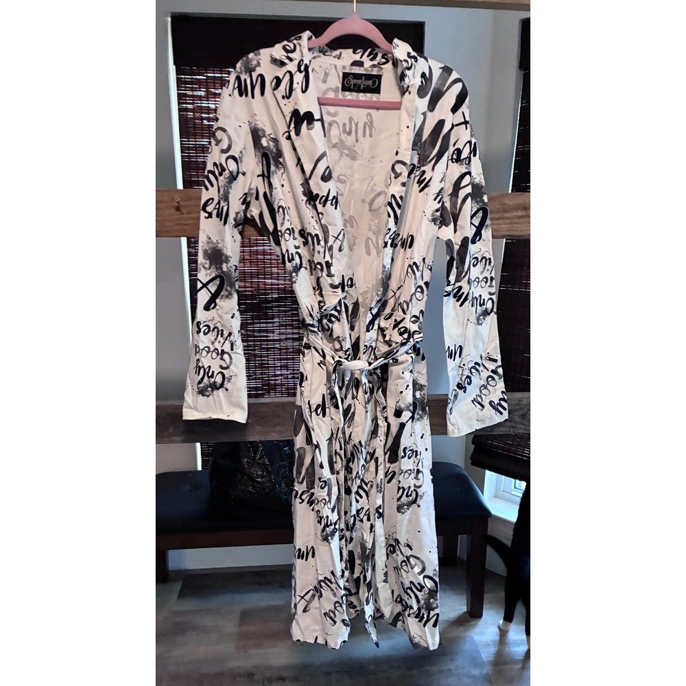 Spoonjeans White Black Graffiti Script Kimono Robe Long Sleeve Belted Womens